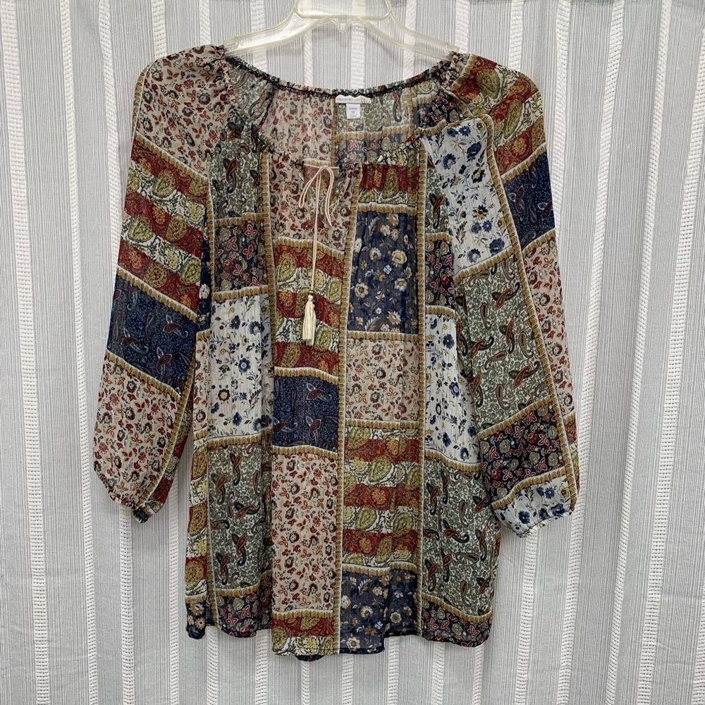 Westport Floral Brown Blue Shift Tunic‎ Sheer Long Sleeve Size XL Boho Festival